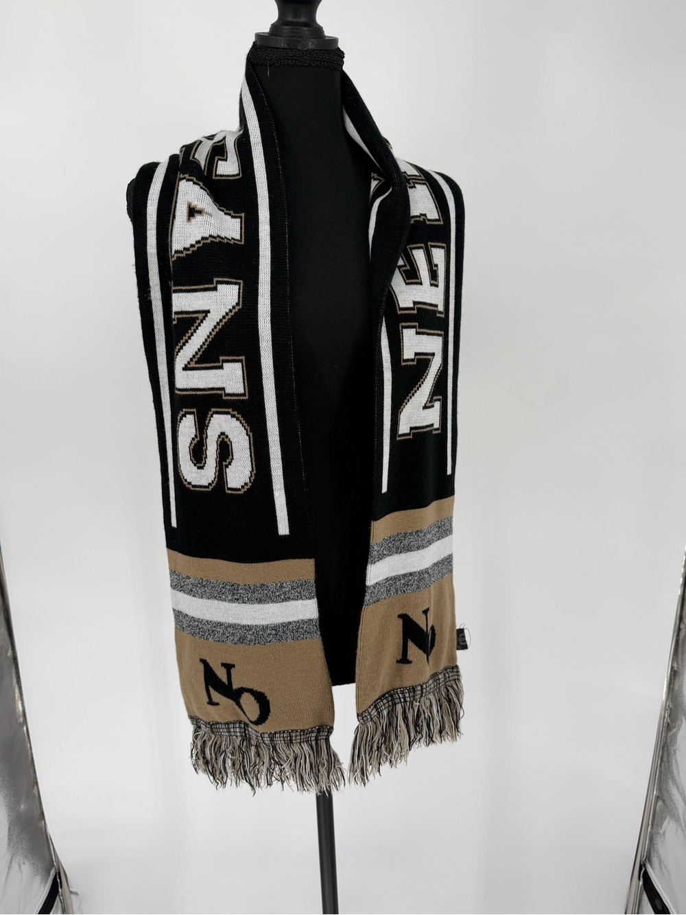 New Orleans Black and Tan Knit Santa Team Scarf with Fringe